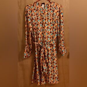 MARNI Made in Italy Orange/Turquoise Print Long Sleeve Dress w Sash—Sz 40 (U.S.)